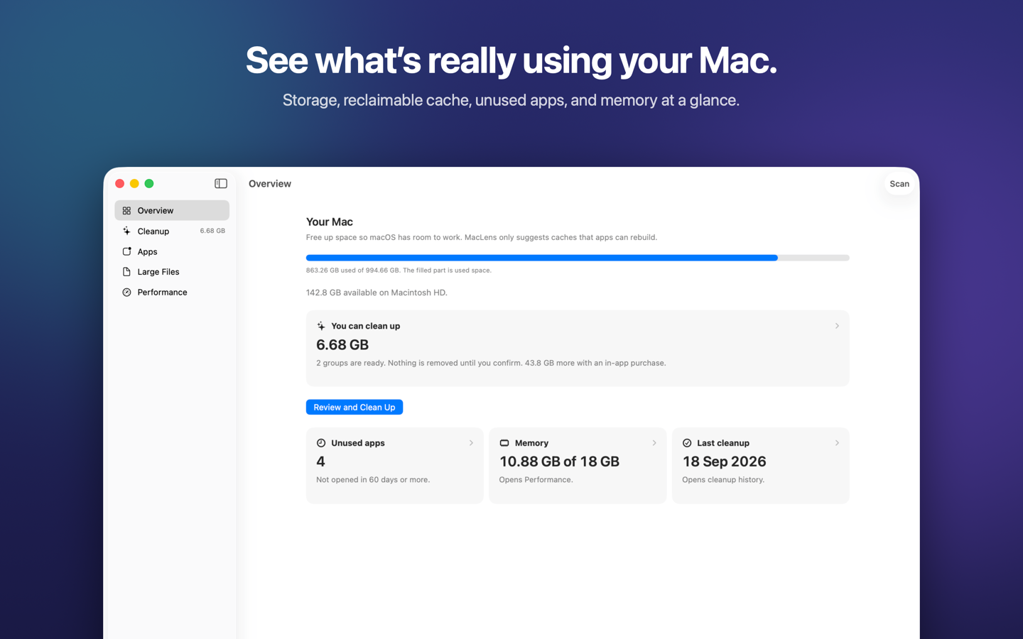 MacLens Overview showing storage used, cache that can be cleaned, unused apps, and memory.